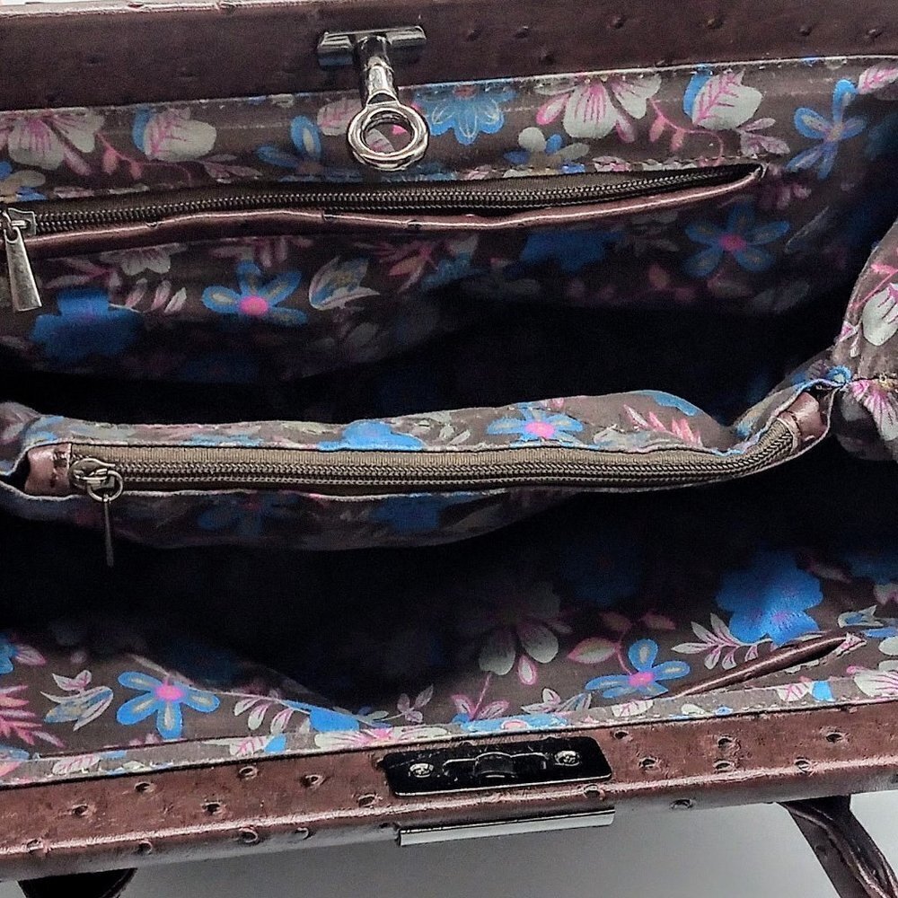 Coffee Brown Faux Ostrich Skin Gunmetal Satchel Bag - Picture 6 of 8